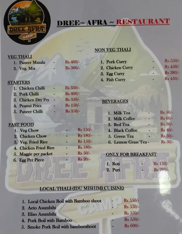 Dree Afra Food Menu