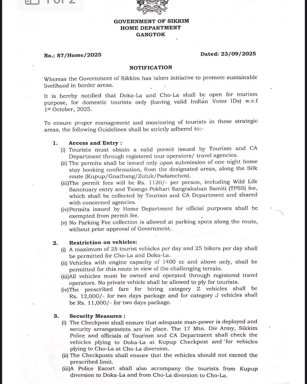 Doklam Tourist Permit Rules